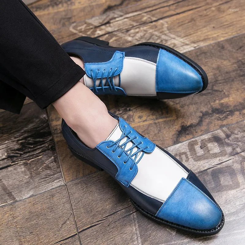 Dress Shoes Summer Fashion Pointed British Style Men Leather White Blue Grey Stitching Formal Business Mens