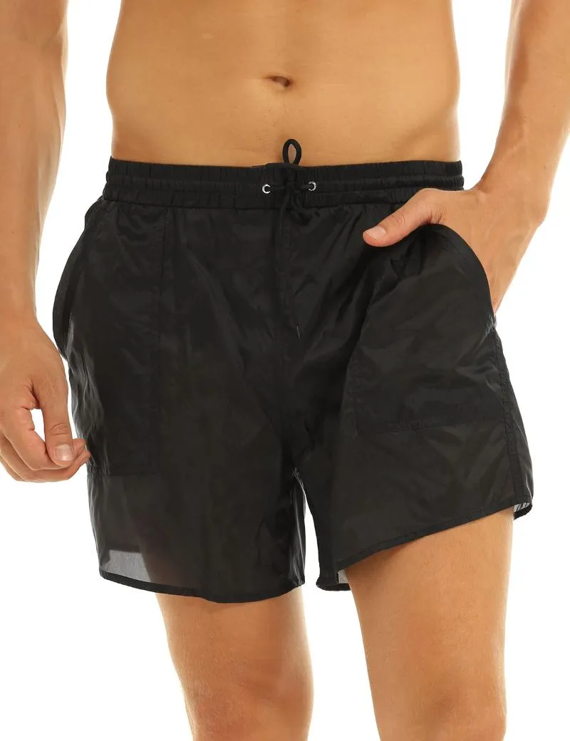 アンダーパンツIefiel Mens Elastic Waist Pure Color See-Through Drawstring Quick Dry Beach Shorts Swim Trunk