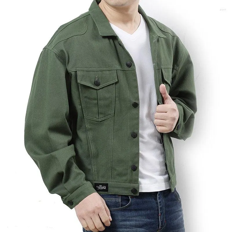 Herrjackor Green Denim Jacket Män svarta jeanrockar Bomull TurnDown Collar Washed Loose Casual Fashion Spring Long Sleeve Clothing