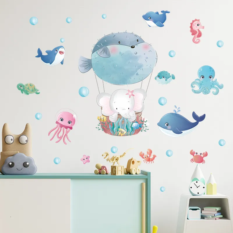 Stickers Muraux Dessin Animé Monde Sous-Marin Vie Marine Éléphant Baleine Sticker Mural Chambre d'Enfants Pépinière Sticker Mural Chambre d'Enfants Salle De Bains 230331