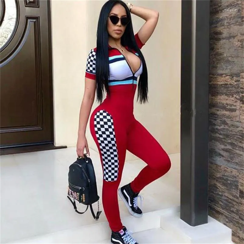 Kvinnors jumpsuits rompers Europe Us Fashion Lady Sexig Casual Plaid Printing Red White Stitching Color One Piece Zipper V Neck