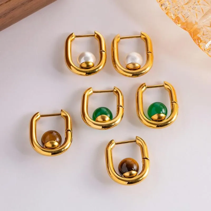 Stud-oorbellen Hoogwaardige geometrische semi-lege stenen Pearl roestvrij staal 18K gouden PVD-geplateerde stijlvolle sieraden voor vrouwen