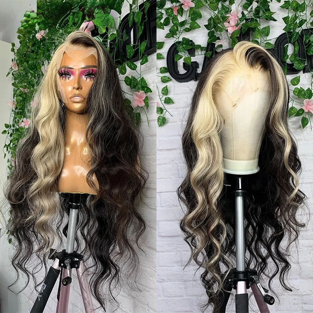 Platinum Blonde Highlight Lace Front Human Hair Wigs Body Wave Colored Wig Loose Deep Wave Transparent Synthetic Lace Frontal Wig