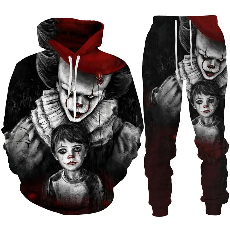 Men and Women 3D Printed Horror Movie Clown Casual Clothing Wolf Fashion Sweatshirt Hoodies and Trousers Exercise Suit 005