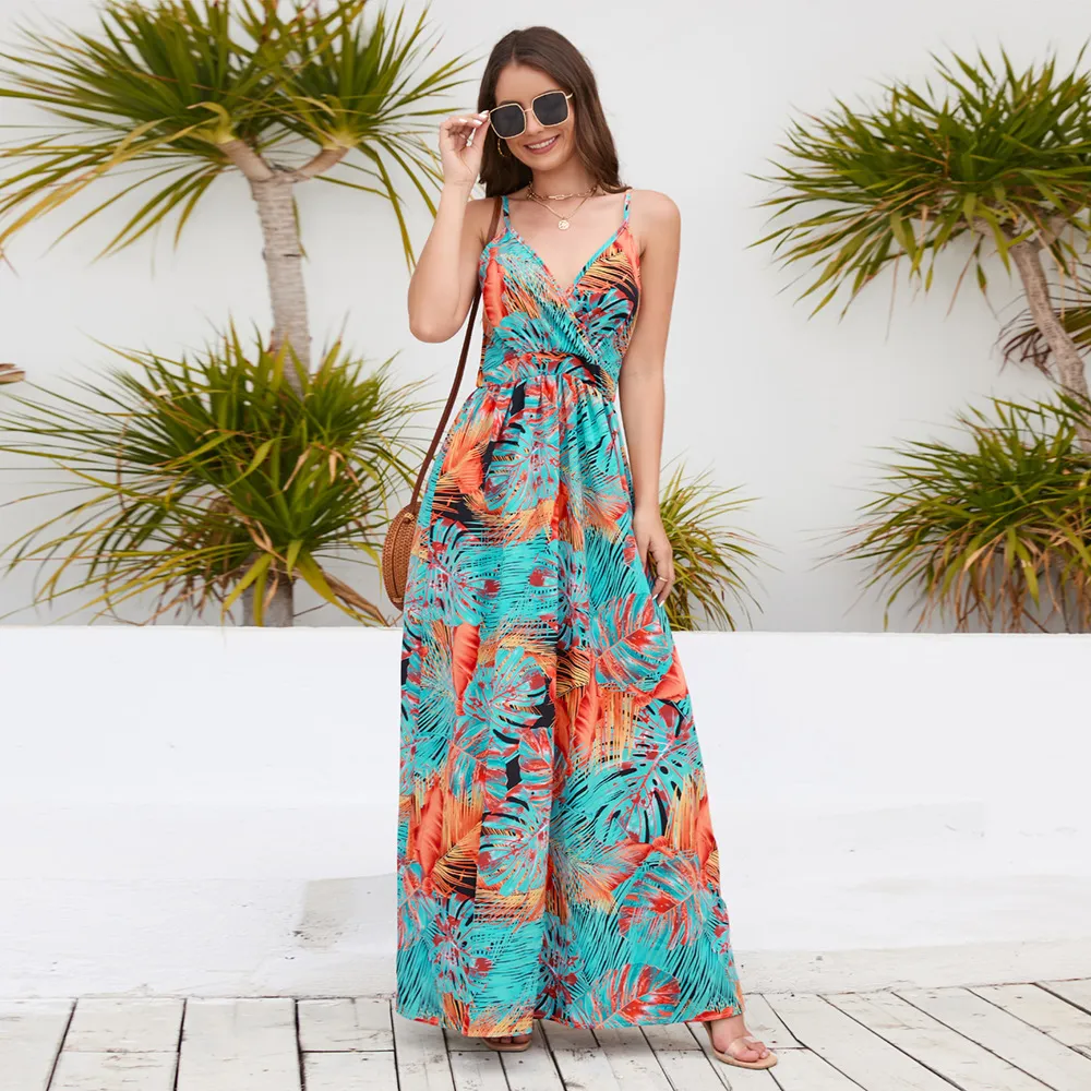 Floral Printed Womens Maxi Beach Maxi Dress With Adjustable