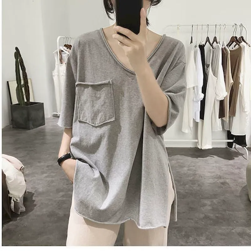 Women's T-Shirt Women's T-shirt summer trend sewing casual T-shirt loose thin short sleeve top Korean rolled hem front short back long T-shirt 230331