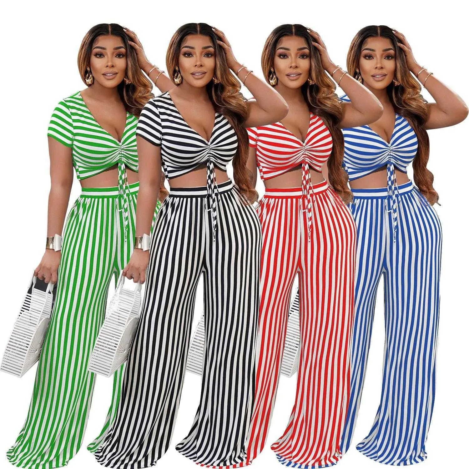 Womens Two Pant Piece Striped Printed Suit Short Sleeve V Neck Loose Spring And