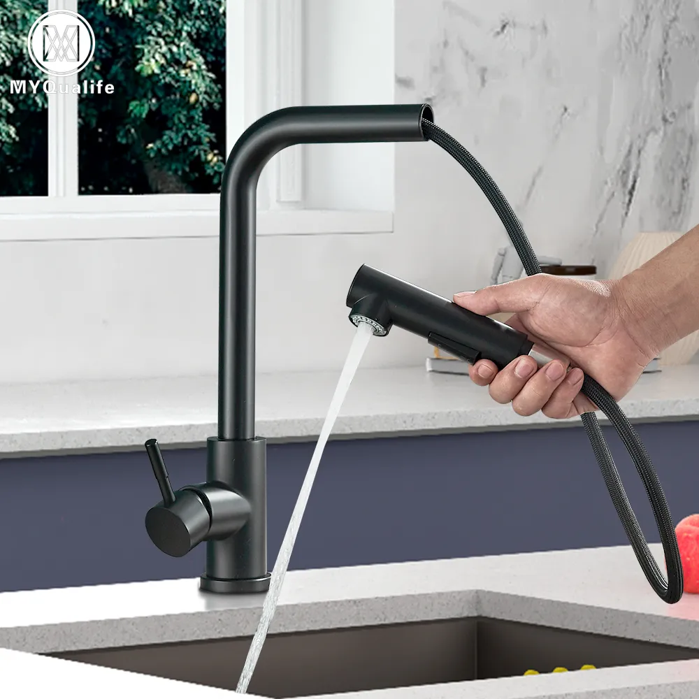 Kitchen Faucets Black Pull Out Kitchen Sink Faucet Two Model Stream Sprayer Nozzle Stainless Steel Cold Wate Mixer Tap Deck 230331