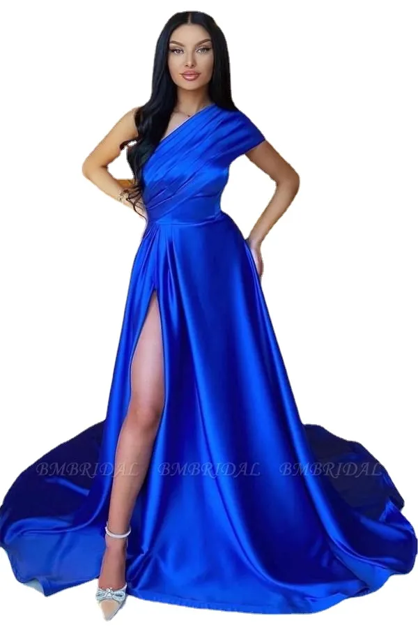 Elegant Royal Blue Prom Dresses Sexy Split One Shoulder Satin Women Formal Occasion Evening Gowns BC15543