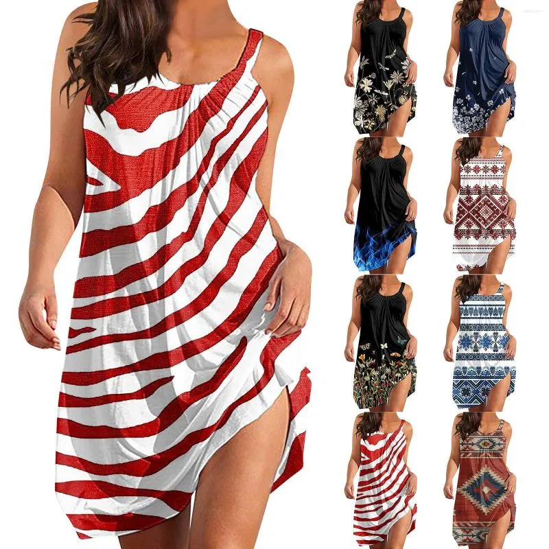Casual Kleider Damen 2023 Sommerkleid Sexy ärmelloses Halfter Mini Print Flowy Swing Beach Sommerkleid