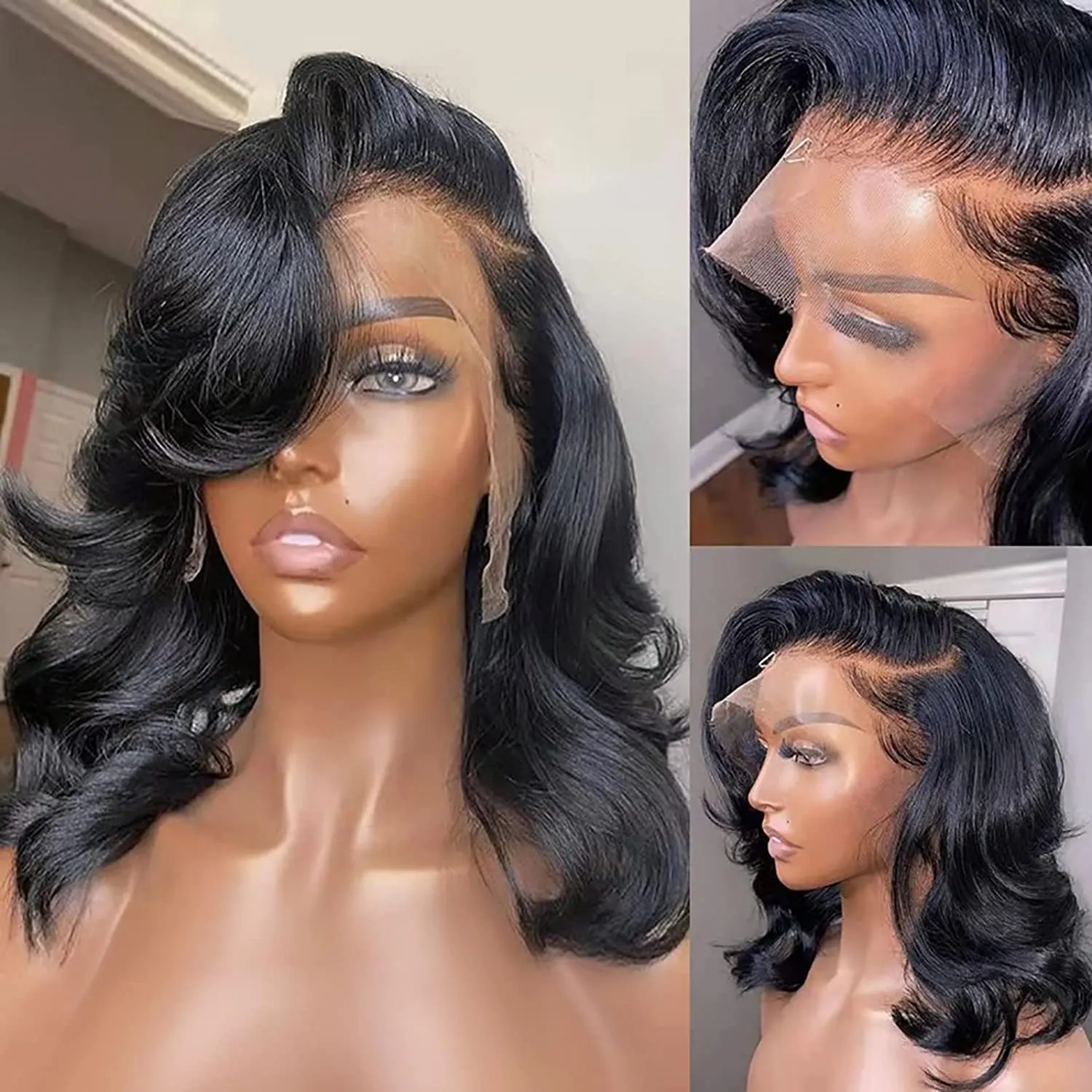 Loose Body Wave Frontal Short Bob Wig 13x6 Natural Loose Wave Lace Front Glueless Cheap Glueless Frontal Wig Brazilian Human Hair Pre Plucked Bleached Knots Glueless Frontal Wig For Black Women SALE