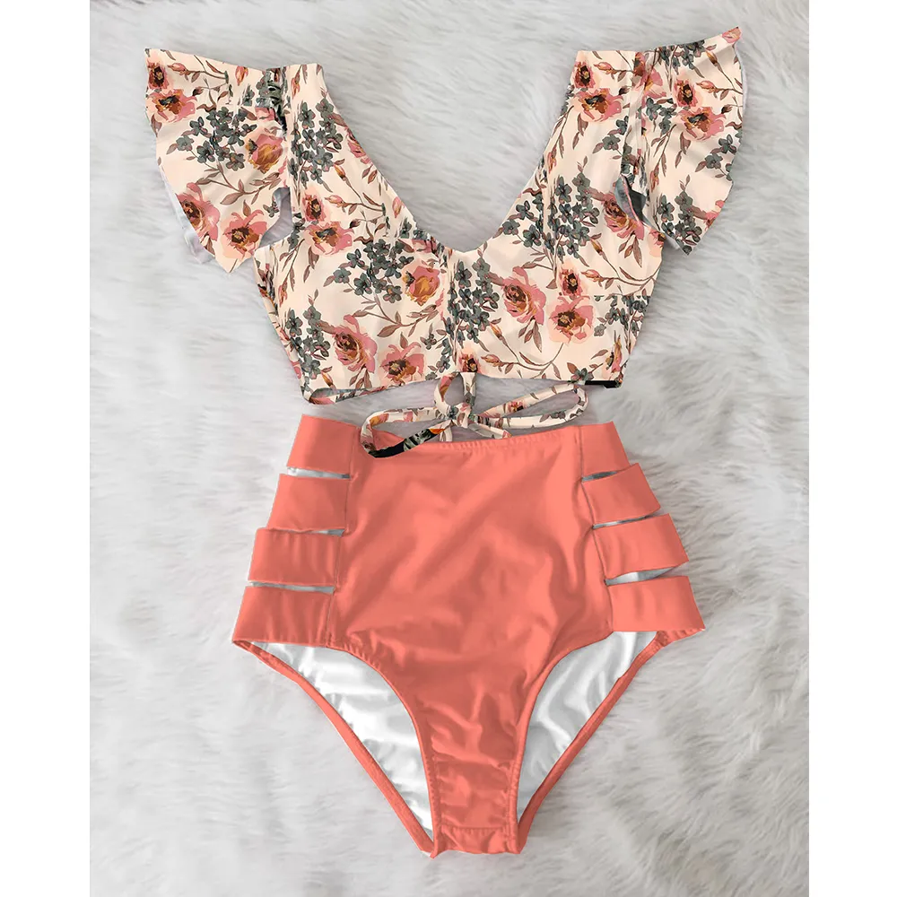 Women's Swimwear High Waist Ruffled Sexy Bikini Set Flounce Biquini Women Two Pieces Swimsuit Floral Beachwear VNeck Bathing Suit 230331