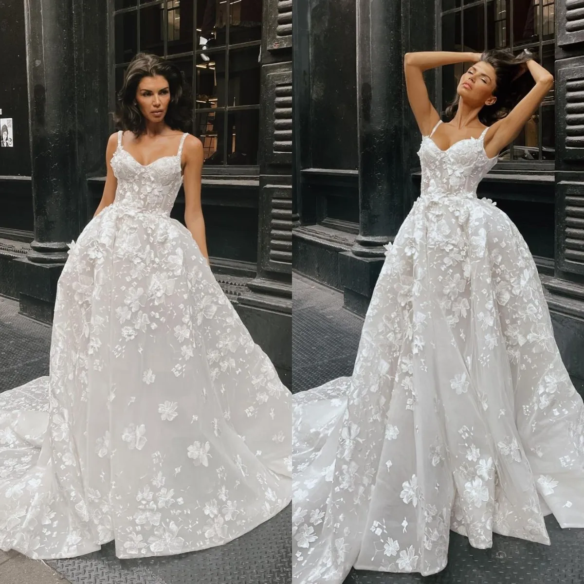 Cinghie Una linea Abiti da sposa per la sposa Corpetto in osso 3D-Appliques floreali Abito da sposa in pizzo abiti da sposa robe de mariee abiti da sposa