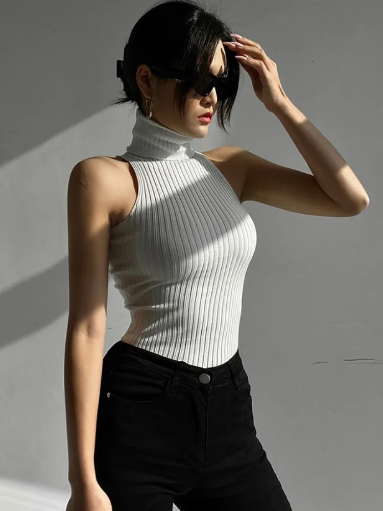 Tanques femininos Camis Sexy Knit Top Top Turtleneck Crop Summer Backless Ole Fashion Casual Tee Feminino Sleesess Cropped Colet 2303331