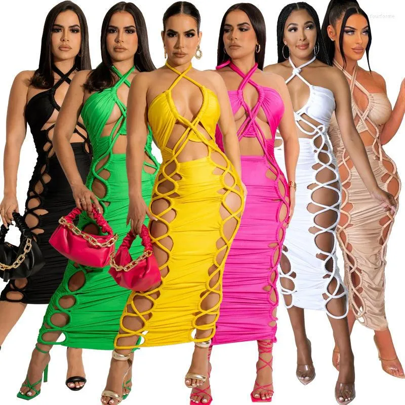 Vestidos casuais Festa Midi Dress Sólido Lace Up Bandagem Halter Recorte Bainha Sexy Bodycon Suspensórios Boate Maxi Feminino Roupas de Verão