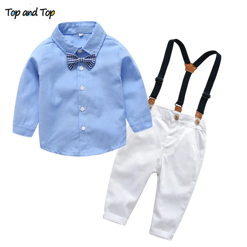 Roupas Conjuntos de roupas Top And Boys Gentleman Autumn Kids Suits Formal Manga Longa Suspenders de Camisa Casual Roupas de menino 230331