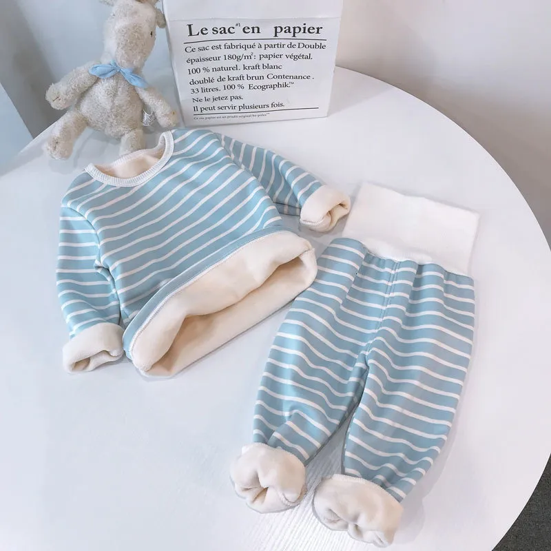 Pyjamas randiga barnkläderpojkar pyjamas Set Winter Warm Baby Pyjamas långärmad pyjamaspants barnkläder 1-4 år 230331