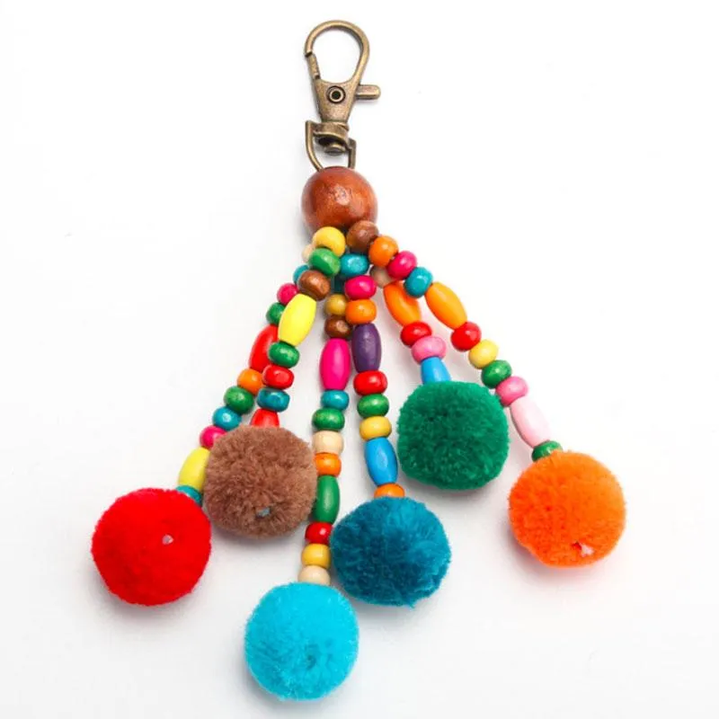 Keychains Handmade Jewelry Keychain With Wooden Pearl Pom Tassels Pompom Keyring DIY Tassel Key Rings Fashion QH6005