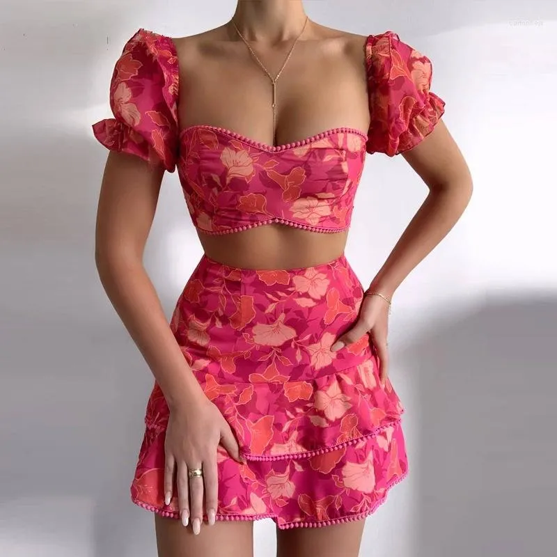 Vestidos de trabajo 2023 Mujer de verano Falda Traje Mujeres Estampado floral Volantes Top Conjunto en capas Casual 2 piezas