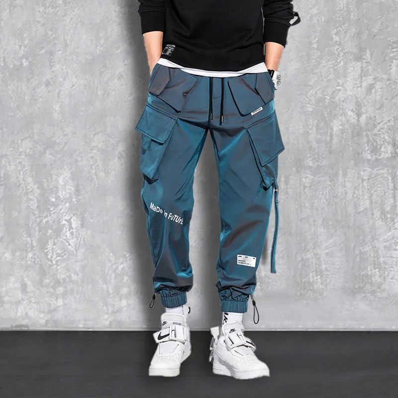 Pantalons pour hommes 2022 mode Streetwear hommes réfléchissant Hip Hop lâche Cargo pantalon hommes Joggers ruban hommes sarouel MaleTrousers W0325