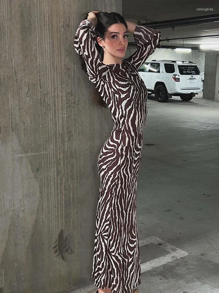 Casual Dresses Brown Zebra Stripes Maxi Dress Women Elegant Slim Boho Ankle-length Female Spring Summer Long Sleeve Party 2023