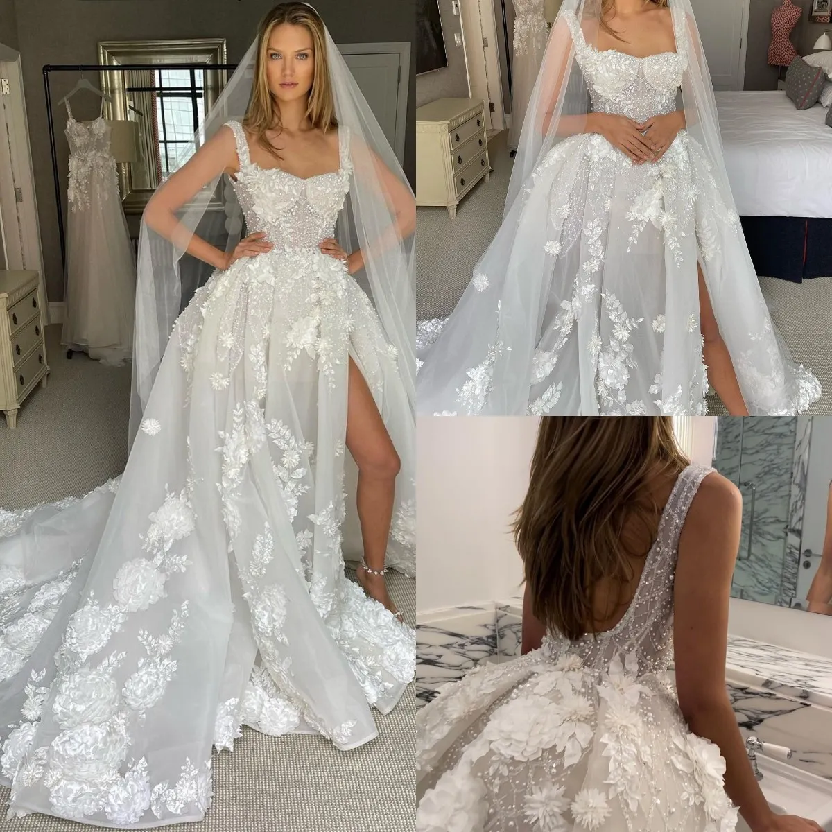 Abiti da sposa di lusso boho A-Line per la sposa Appliques floreali 3D Corpetto in osso Perle Abito da sposa abiti da sposa robe de mariee abiti da sposa firmati senza schienale