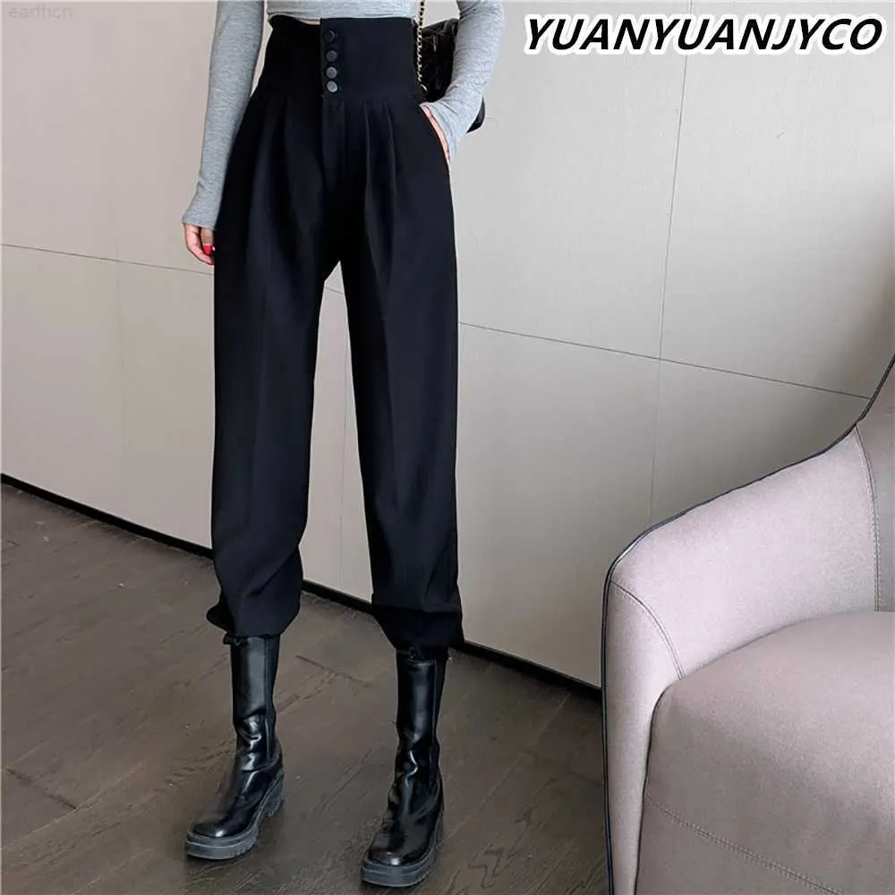 Yuanyuanjyco Spring herfst Women Long Casual Harem Pants Koreaanse stijl Fashion High Taille Knopen Khaki Black Cargo -broek
