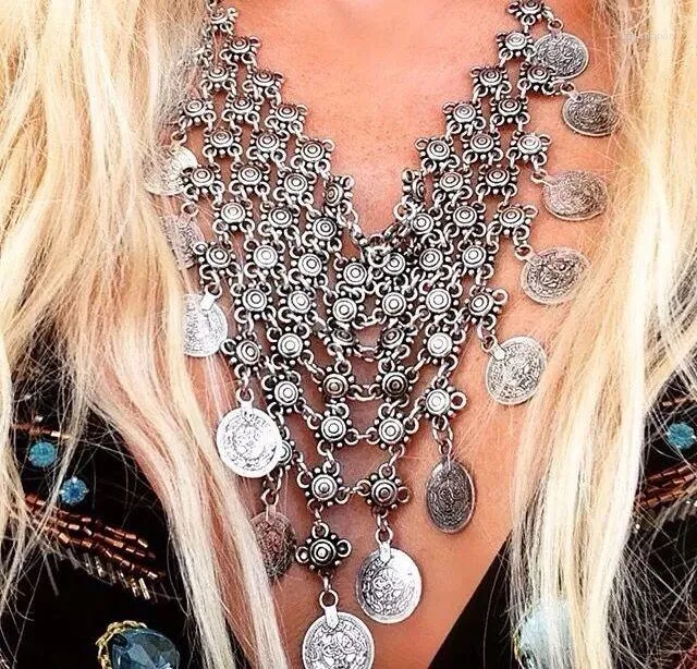 Chains BYSPT Gypsy Necklace Fashion Jewelry Bohemian Antique Silver Color Double Layer Coin Vintage Turkish Ethnic