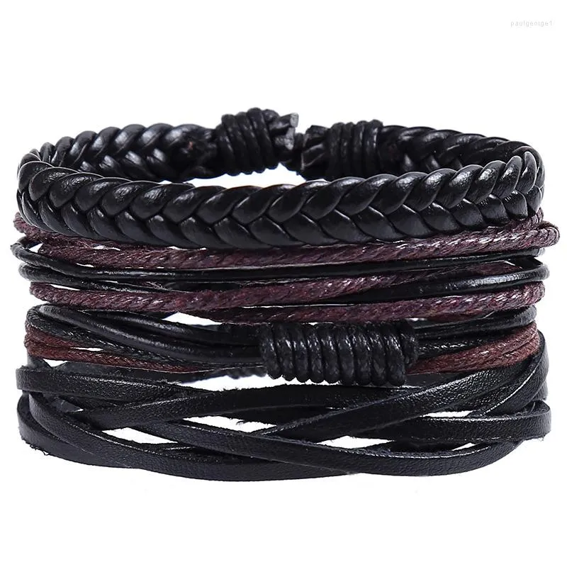 Charm Bracelets 4pcs/set Hippie Punk Black Leather Dark Brown Wax Cord Macrame Knots Wrap Wide Bangles For Man Handjewelry