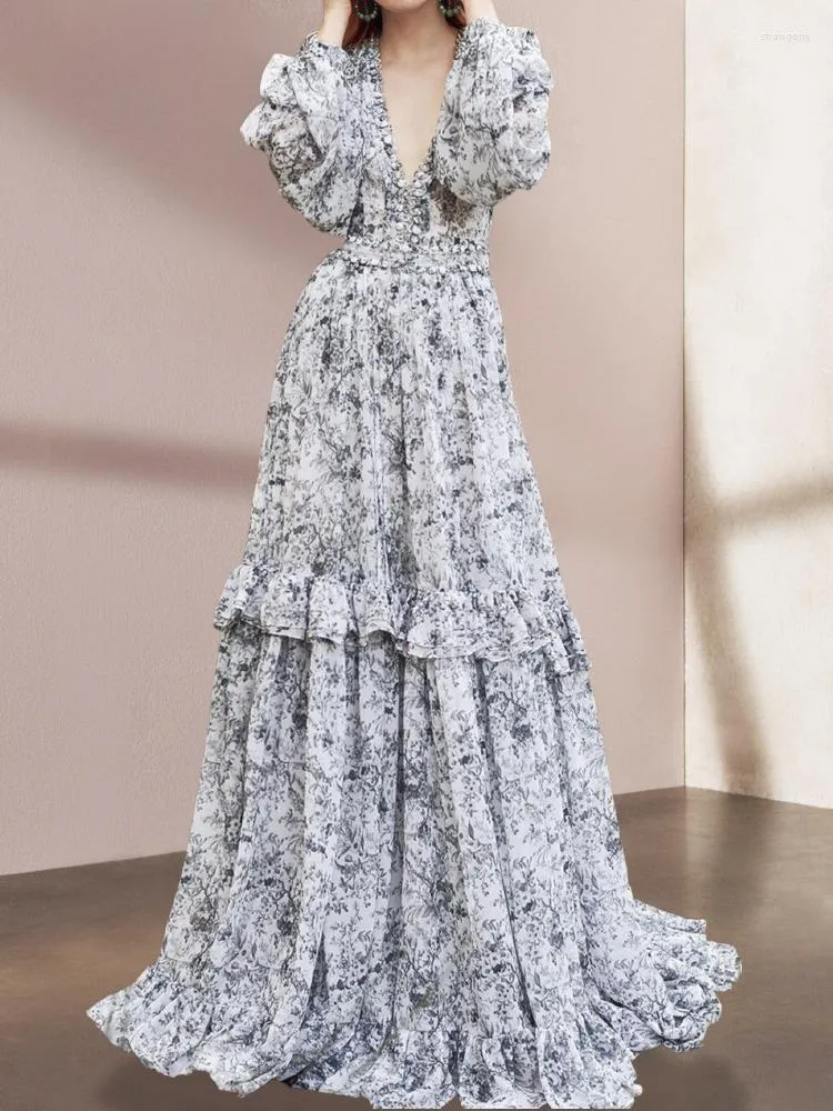 Sukienki na co dzień Linda della 2023 Projektant mody damski w stylu letni kwiatowy nadruk okrągła szyja retro wysoka talia sukienka z długim rękawem
