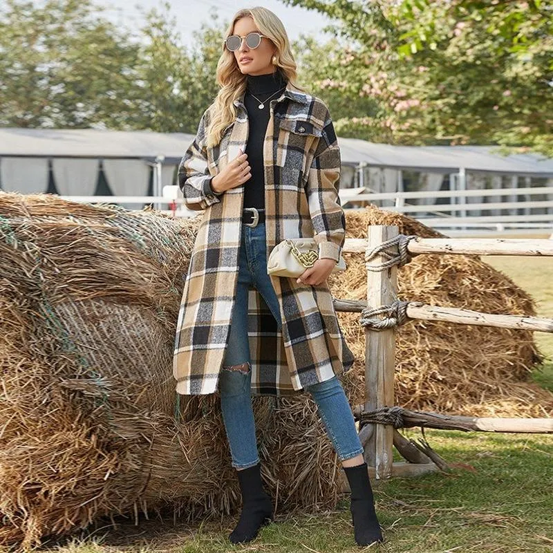 Dameswol Blends Autumn/Winter 2023 Europa en America Coat lange mouwen Trench Rapel Losse Wollen Plaid Shirt