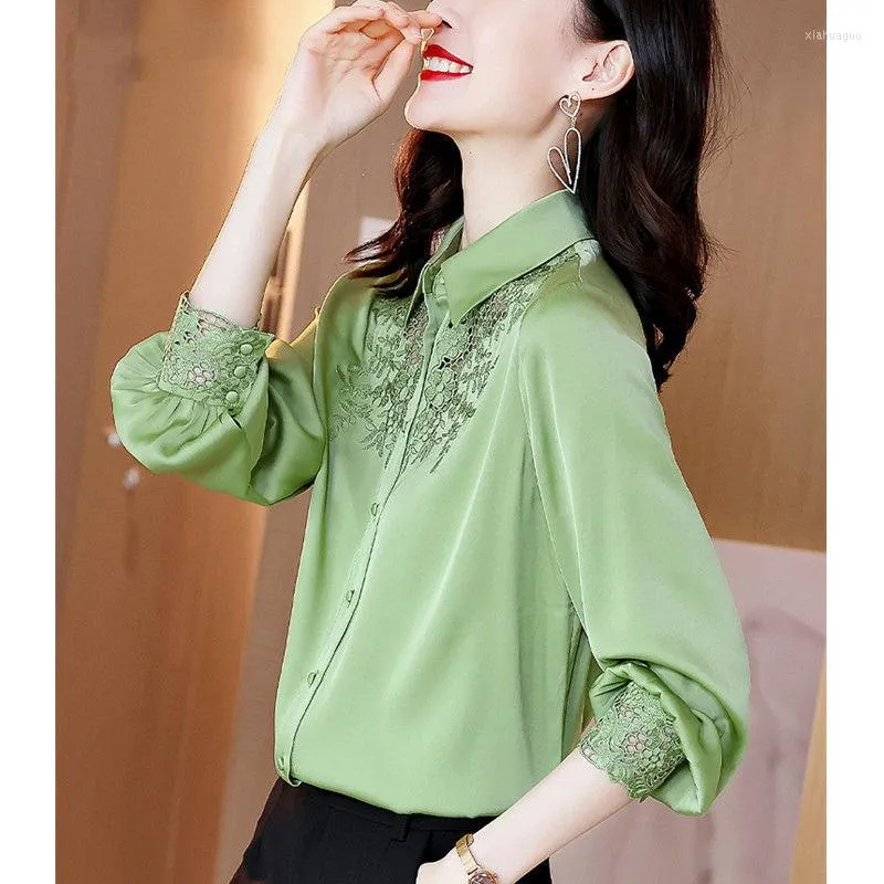 Women's Blouses Embroidery Heavy Imitation Silk Shirt Women's Long-sleeved Big Brand 2023 Spring Fashion Satin Blouse