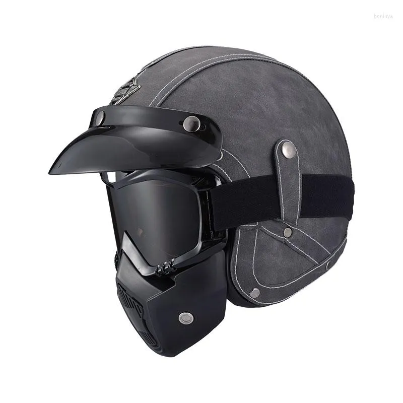 Motorfiets helmen grijs lederen open gezicht helm retro stijl motor motor casco de moto dot 5 size gratis cadeau