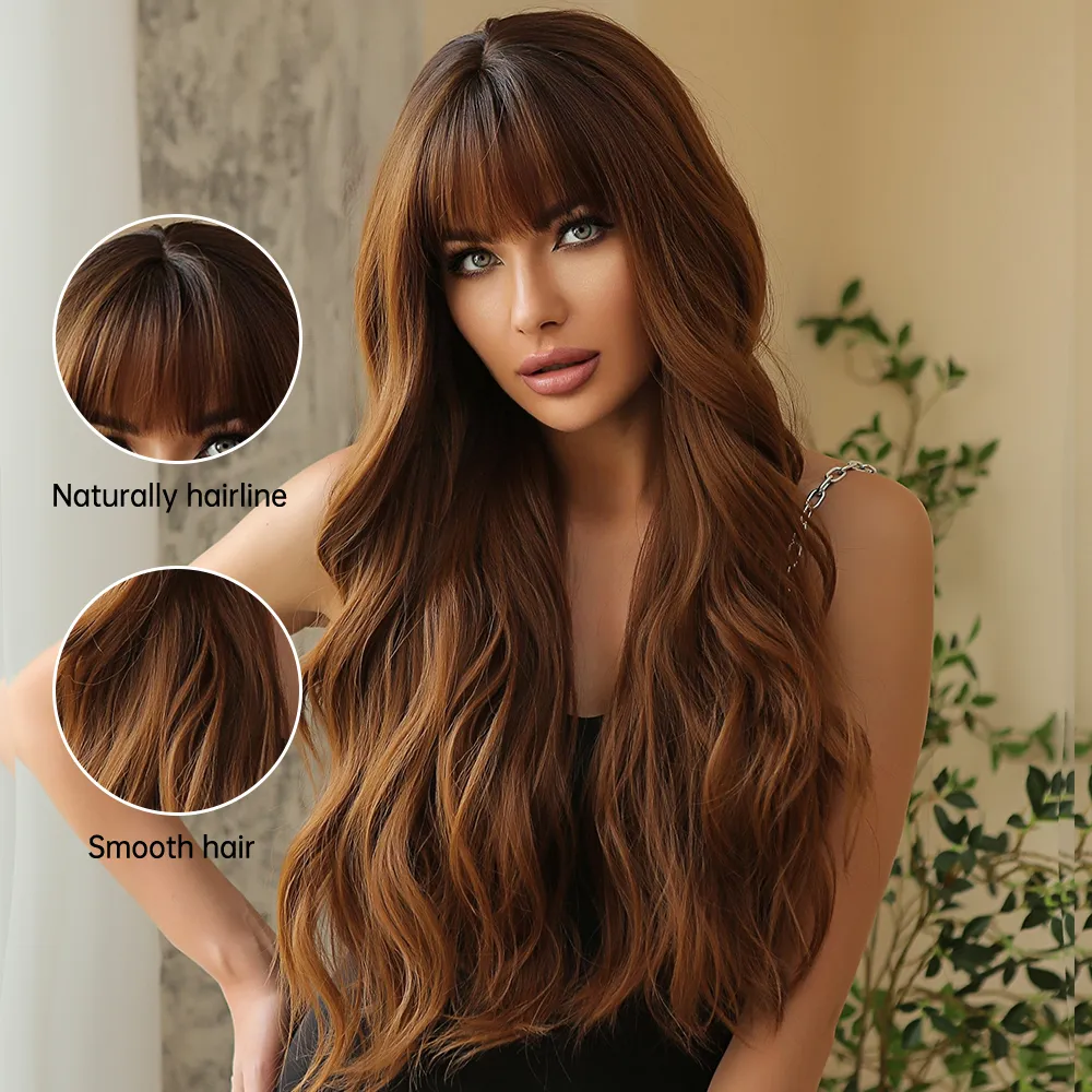 Long Wavy Brown Ombre Synthetic Wigs Natural Hair Womens Wave Wigs with Bangs Heat Resistant Daily Cosaply Use for Black Womenfactory direc