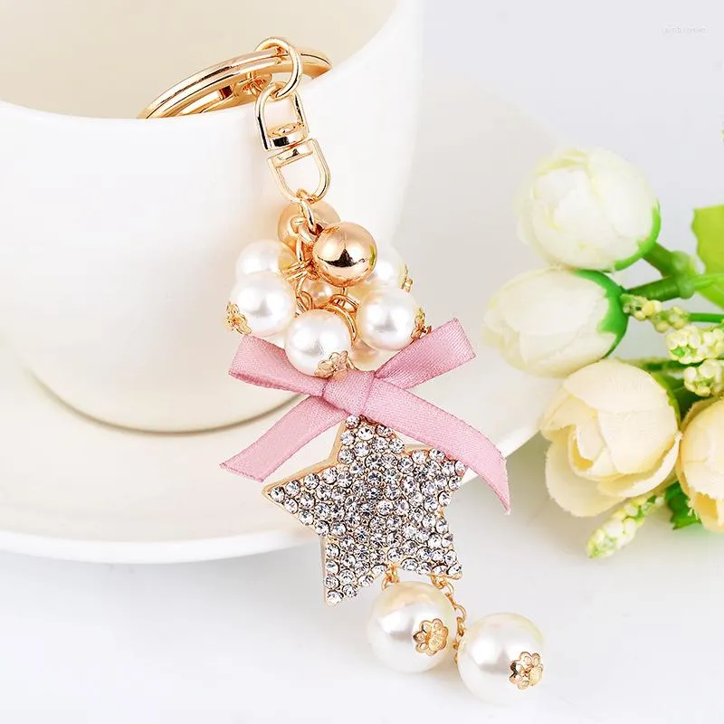 Keychains Creative Bead Bow Key Chain Star Pendant Ring Fempekat pentagram Keyring Fashion Jewelry Drop