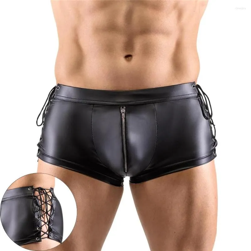 MUITOPANTES Mens calcinha sexy Latex Wetlook Wetlook Tight Tight Lace-up Zipper Boxer Shorts Men boate Pu Dance Clubwear