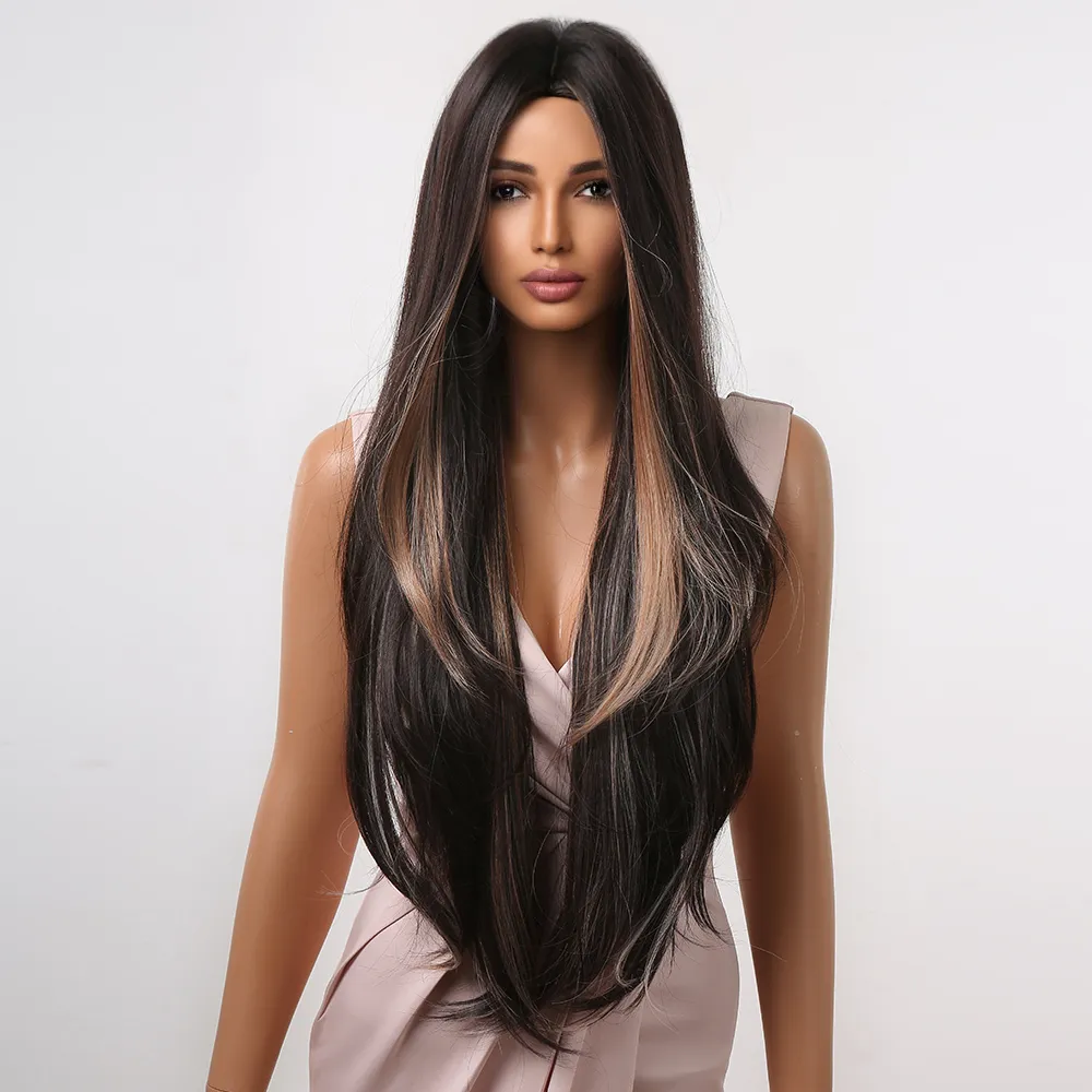 Brown Long Highlight Synthetic Wigs Middle Part Blonde Straight Womens Wig Heat Resistant for Women African Cosplay Fake Hairfa