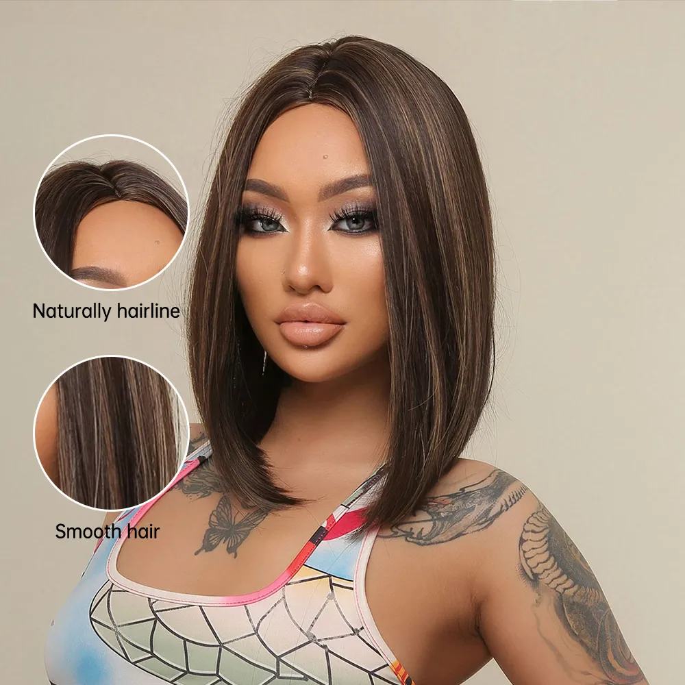 Short Bob Synthetic Wigs for Black Women African Brown Natural Daily Straight Wig Middle Part Heat Resistant Fiber Cosplay Usefa