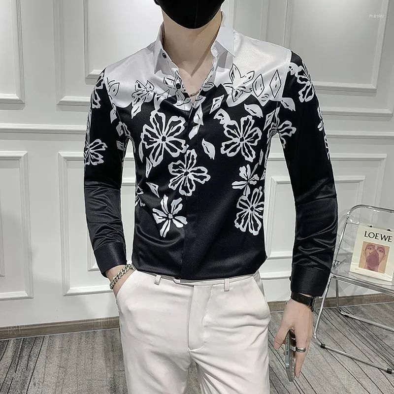 2023 Spring And Autumn Mens Fashion Printed Long Sleeved Floral Tuxedo Shirt With Turn Down Collar Slim Black And White Casual Wear From Maoku 20.73 DHgate.Com