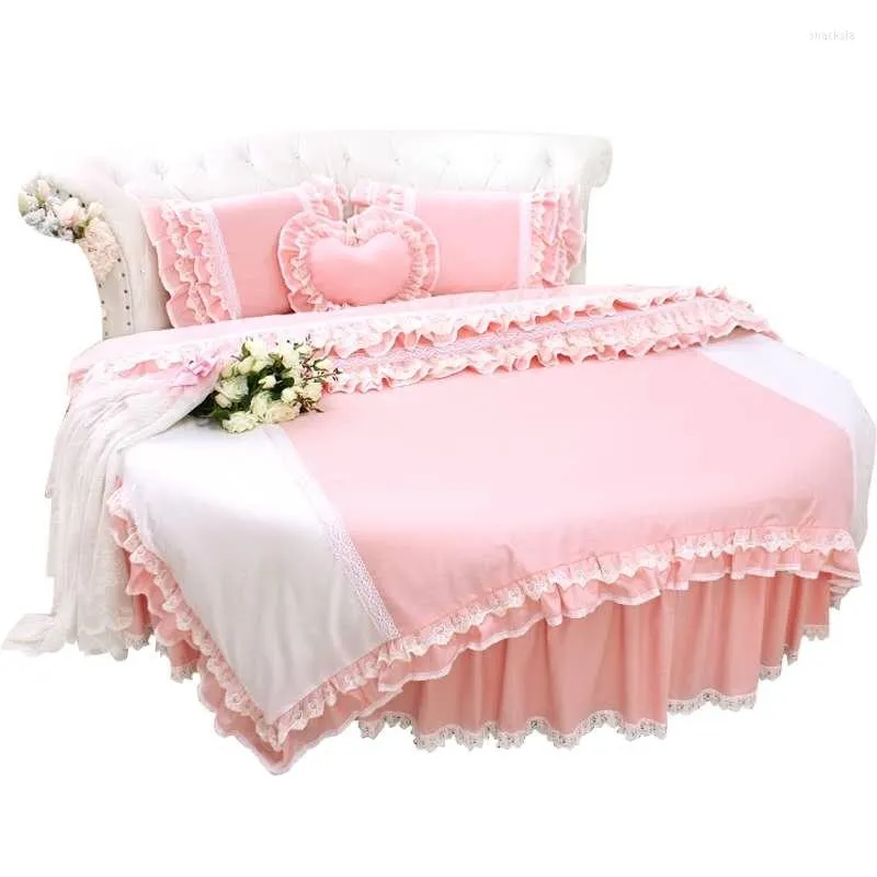 Bedding sets de cama redonda de luxo rosa super rei tamanho 6.6/7/8feet tampa de edredom lençal laca de princesas renda em casa