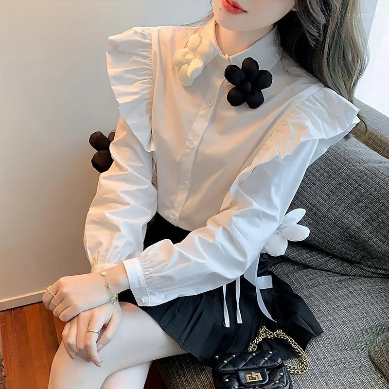 Women's Blouses Temperament Ruffled Shirts 2023 Spring Three-dimensional Flower Woman Shirt Beading Ribbon Fairy Cute Blouse Women Korean