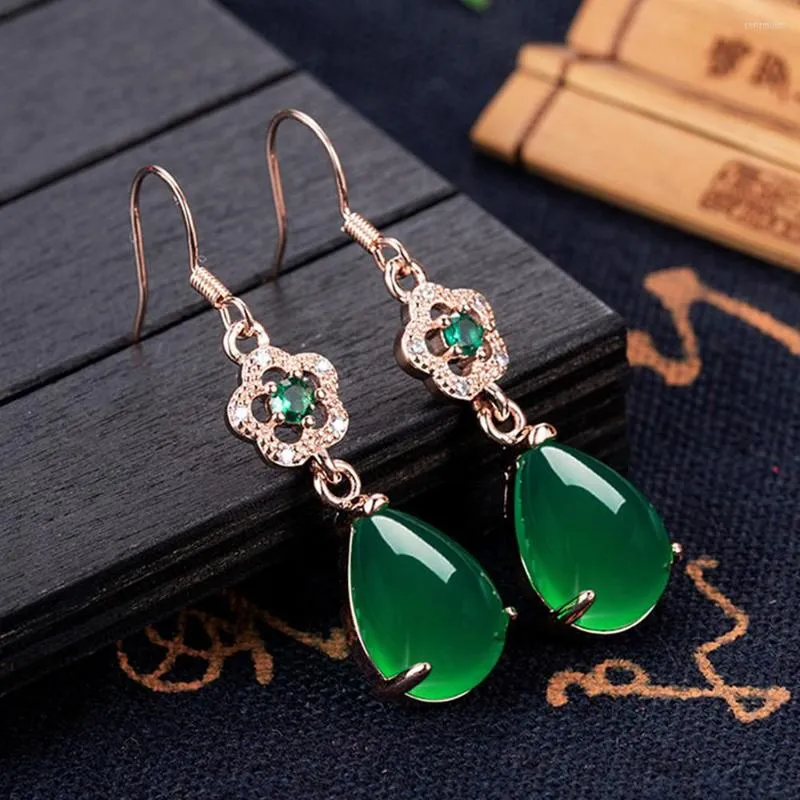 Baumelnde Ohrringe Elegante grüne Jade Achat Smaragd Edelsteine Diamanten Tropfen für Frauen 18 Karat Roségold gefüllt Schmuck Bijoux Geburtstagsgeschenke
