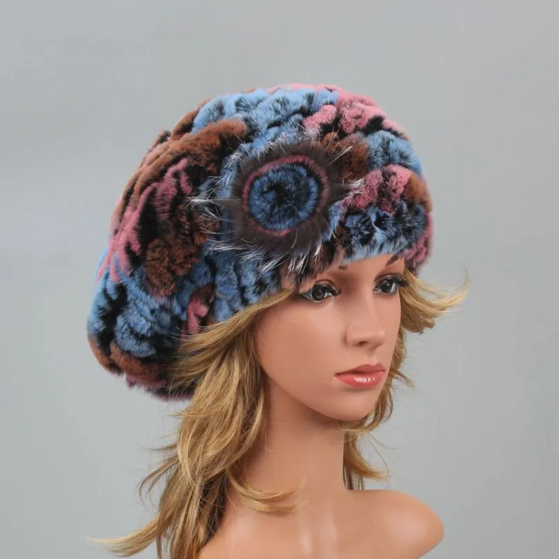 ベレー帽は女性のために落ちる本物のレックスファーハットファッション高品質のニット弾性冬のリアルウィメンベルツベルツ
