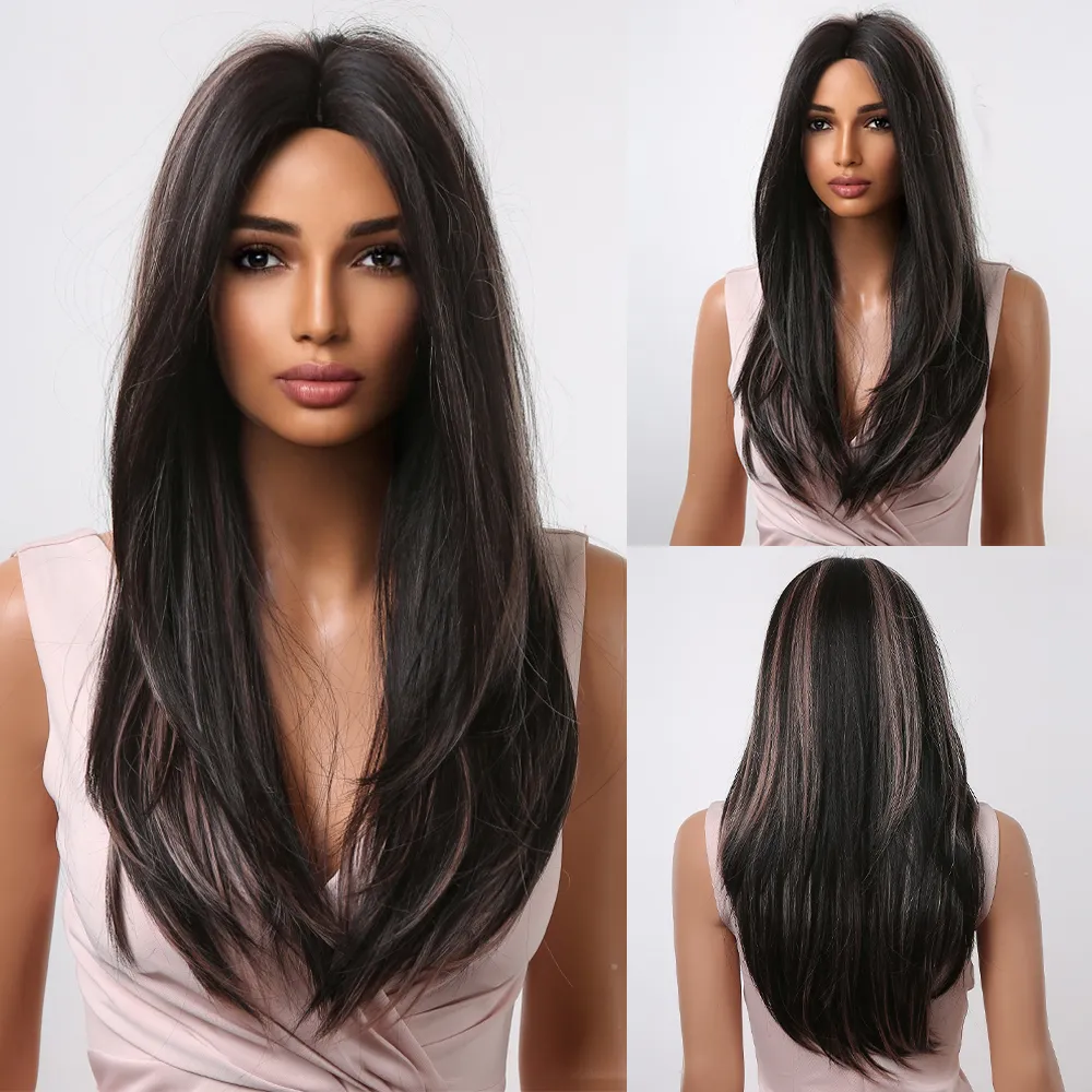 Brown Long Highlight Synthetic Wigs Middle Part Blonde Straight