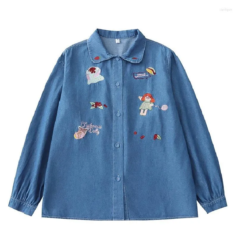 Women's Blouses 2023 Spring dames denim shirt tops tops lange mouw orginale niche cartoon geborduurd losse casual Jean