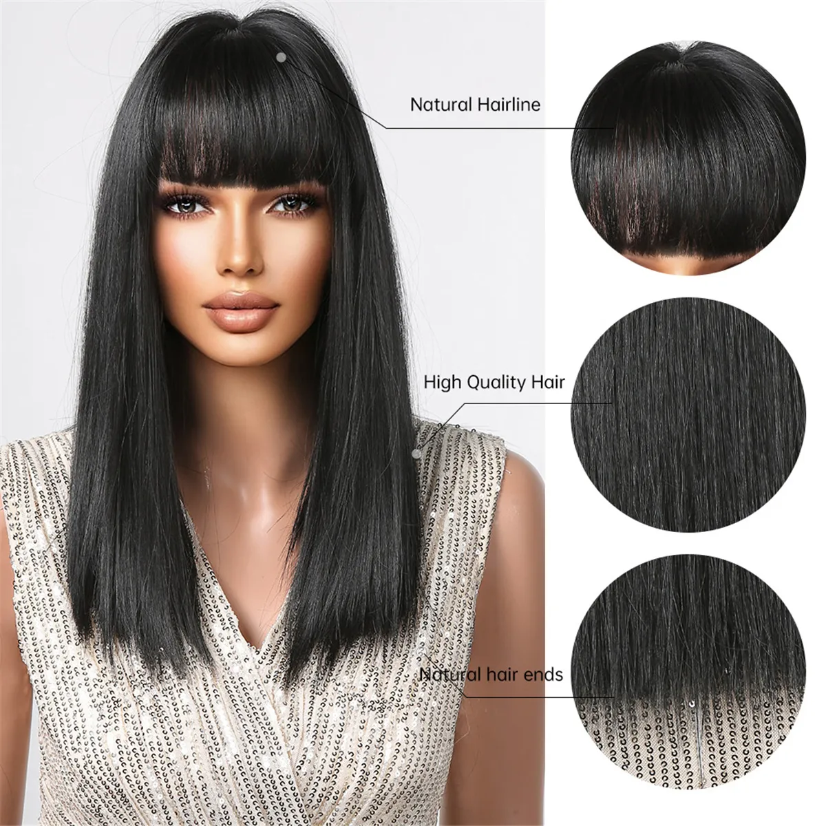 Синтетические парики с челками натуральные черные ежедневные женские парики прямые волосы средней длины теплостойкость