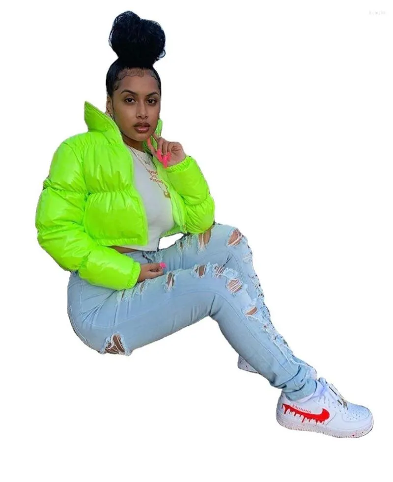 Damjackor Dam Neongrön Varm långärmad kappa Dam Casual Bubble Puffer Crop Tops Mode Dragkedja Solid Ytterkläder Damjacka