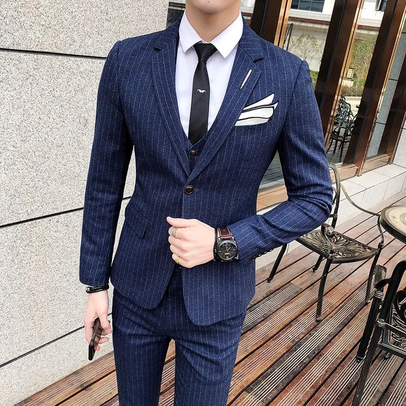 Costumes pour hommes Blazers Spot Blue Suit Hommes Slim Striped Business Casual One Button Three-piece Wedding