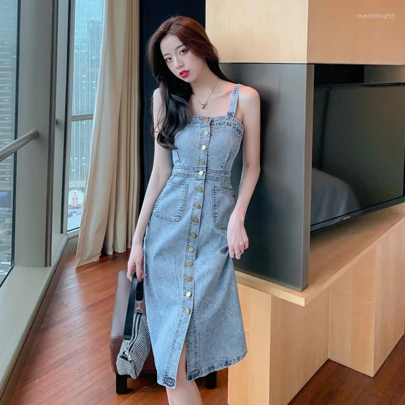 Single breasted spaghetti strap denim dress shop