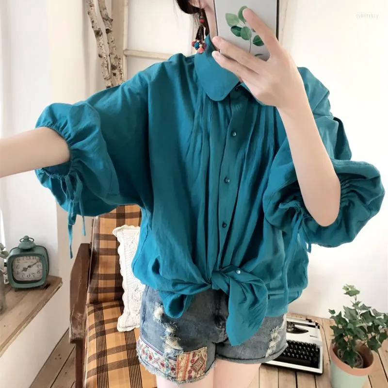 Women's Blouses Ethnic Style Doll Collar Lantern Sleeve Oversized Mid-length Cotton Linen Shirt Blouse For Women Tops Mori Girl Vintage